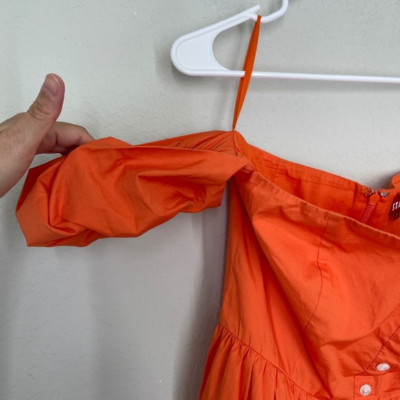 Staud Elio Off the Shoulder Mini Dress Women's Size 8 Orange Button Front Lined - Picture 4 of 16